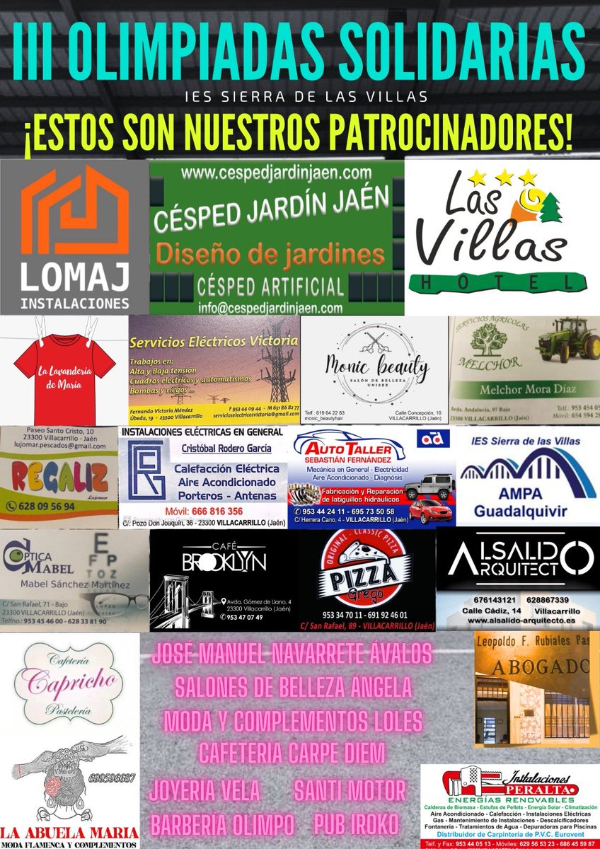 sierralasvillas's tweet photo. Mañana el IES Sierra de las Villas celebra sus III Olimpiadas Solidarias,  agradecemos la gran participación de patrocinadores de este año, con récord  de participación de empresas locales. ¡Habrá barra solidaria a partir de las 11 de la mañana para todo aquel que quiera pasarse. https://t.co/u7IDtMvLqU