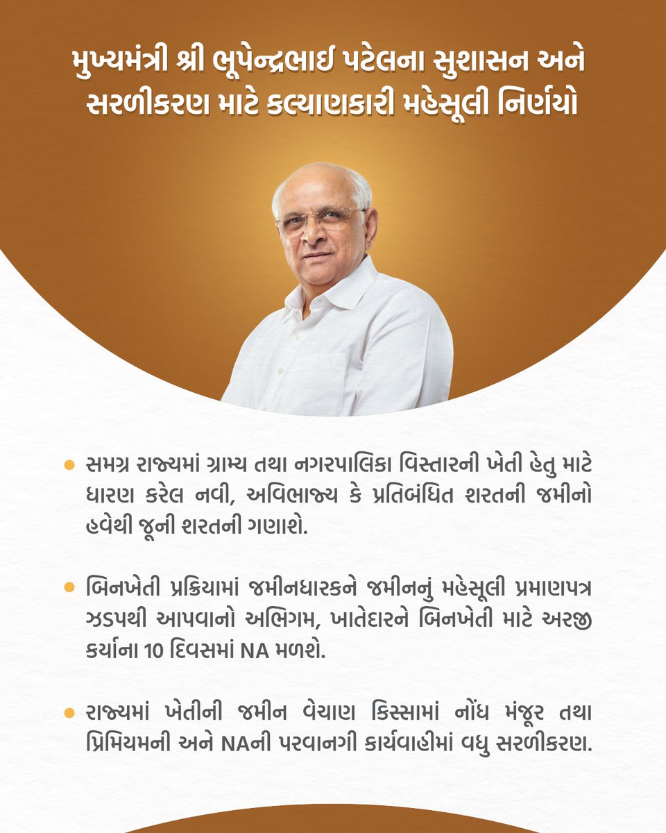 pravinmalibjp's tweet photo. રાજ્યમાં મહેસૂલી પ્રક્રિયામાં સરળીકરણ માટે અને સામાન્ય નાગરિકોને જમીનની ખરીદી-વેચાણની સુગમતા માટે મુખ્યમંત્રી શ્રી @Bhupendrapbjp જીના માર્ગદર્શનમાં રાજ્ય સરકારે કર્યા મહત્ત્વપૂર્ણ મહેસૂલી નિર્ણયો.
#RevenueDecisions https://t.co/DrLA2CWmbI