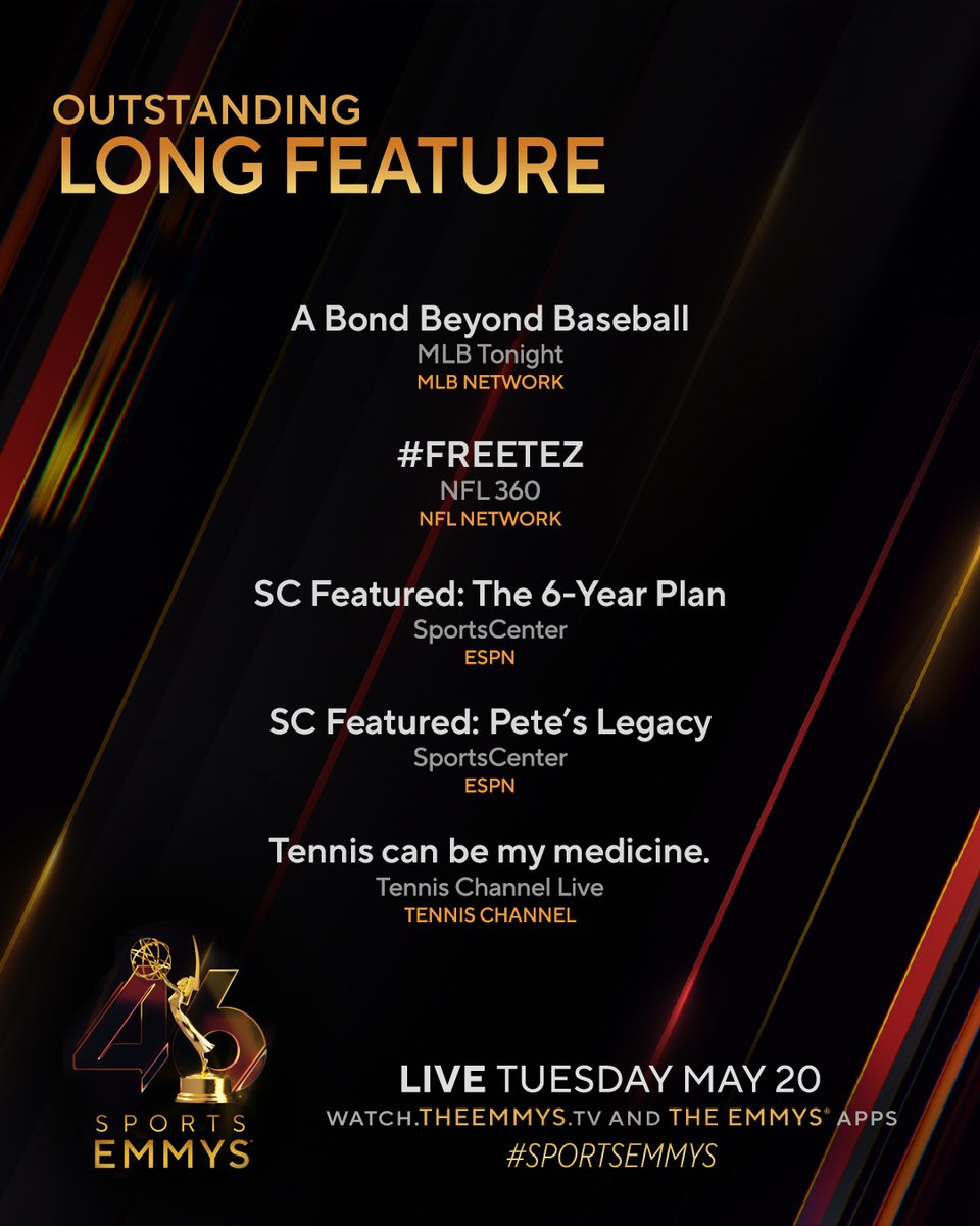 TheEmmys's tweet photo. The #SportsEmmys Nominees for Long Feature are:
- A Bond Beyond Baseball (@mlbnetwork)
- #FREETEZ | NFL 360 (@nflnetwork)
- @SportsCenter Featured: The 6-Year Plan (@espn)
- @SportsCenter Featured: Pete's Legacy (@espn)
- Tennis can be my medicine. (@TennisChannel) https://t.co/jblCYoHF0S