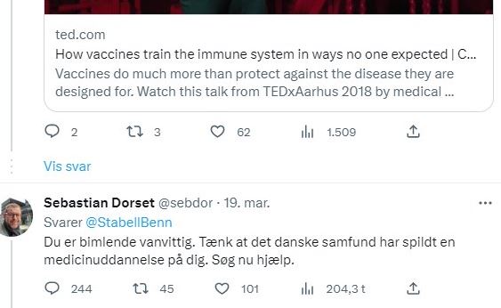 majs's tweet photo. Dagens minde er Sebastian Dorset, som taler om @StabellBenn.  De mennesker der sagde den slags, uden at ane noget om noget - var for mig det mest skræmmende ved hele coronatiden. Det løber mig koldt ned af ryggen. https://t.co/NEhAMl6U1O