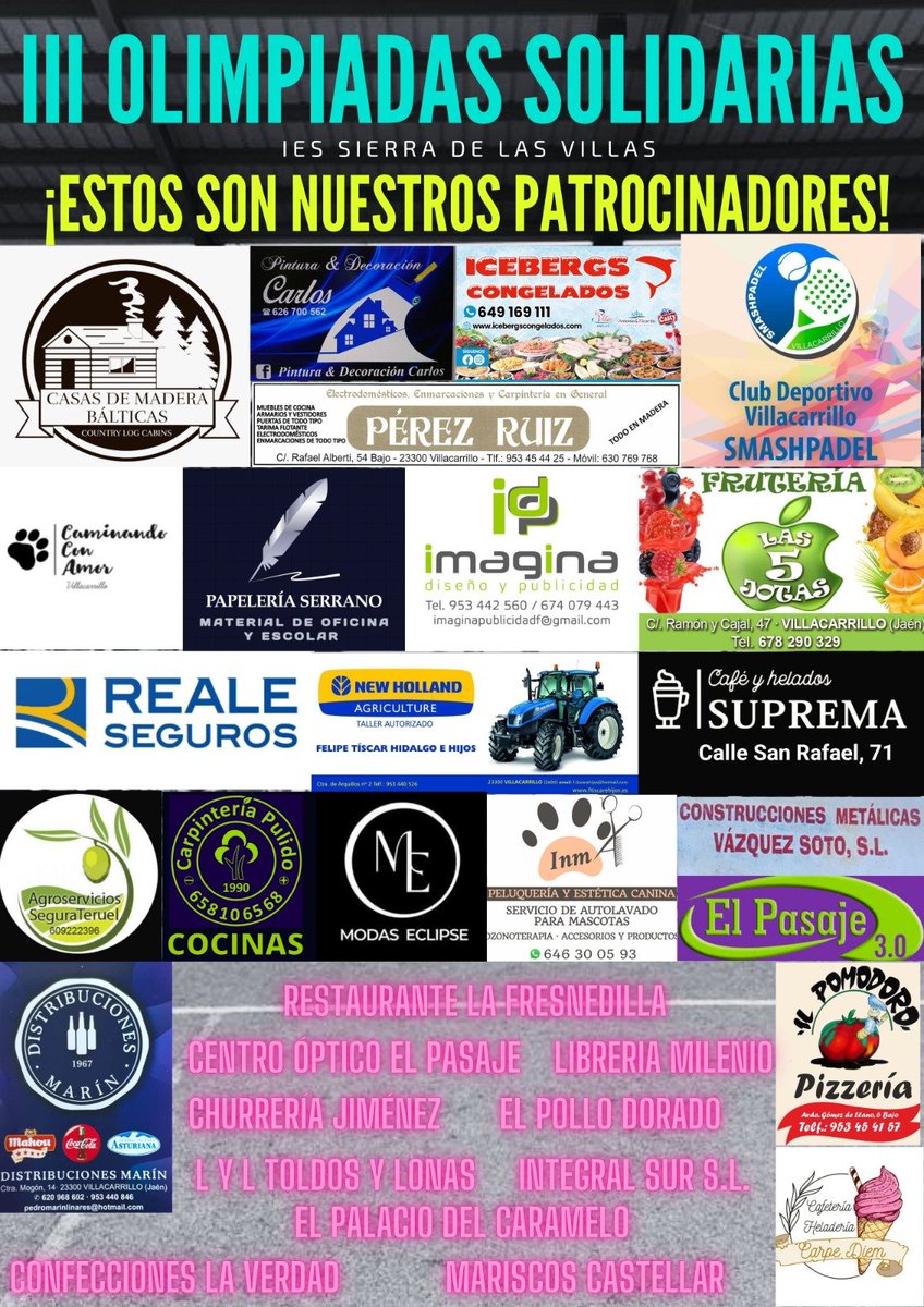 sierralasvillas's tweet photo. Mañana el IES Sierra de las Villas celebra sus III Olimpiadas Solidarias,  agradecemos la gran participación de patrocinadores de este año, con récord  de participación de empresas locales. ¡Habrá barra solidaria a partir de las 11 de la mañana para todo aquel que quiera pasarse. https://t.co/u7IDtMvLqU