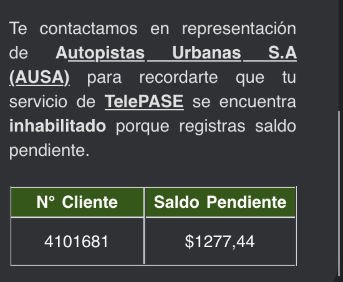 No importa cuantas veces pague el telepase siempre va a aparecer un mail cada día diciendo que debes mil pesos