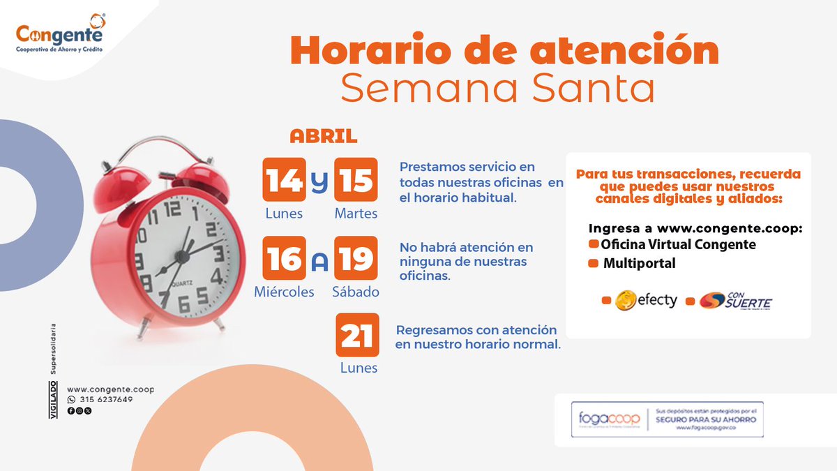 CoopCongente's tweet photo. Te compartimos nuestro horario especial para Semana Santa:
Miércoles 16 y sábado 19 de abril no tendremos atención en nuestras oficinas.
Te invitamos a usar nuestros canales digitales y alternos para realizar tus transacciones y consultas con facilidad y seguridad. https://t.co/sYdtIRBeae