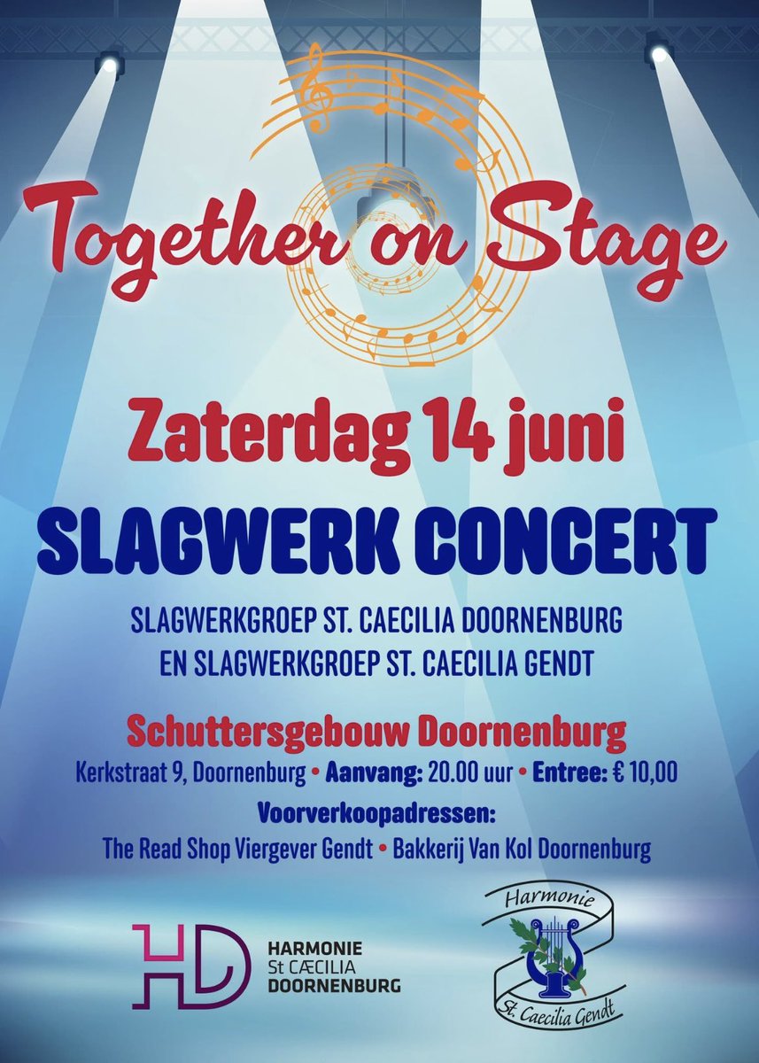 De entreekaarten voor de tweede editie van Together on Stage zijn vanaf heden tijdens openingstijden verkrijgbaar bij The Read Shop Viergever Gendt en Bakkerij Van Kol in Doornenburg.