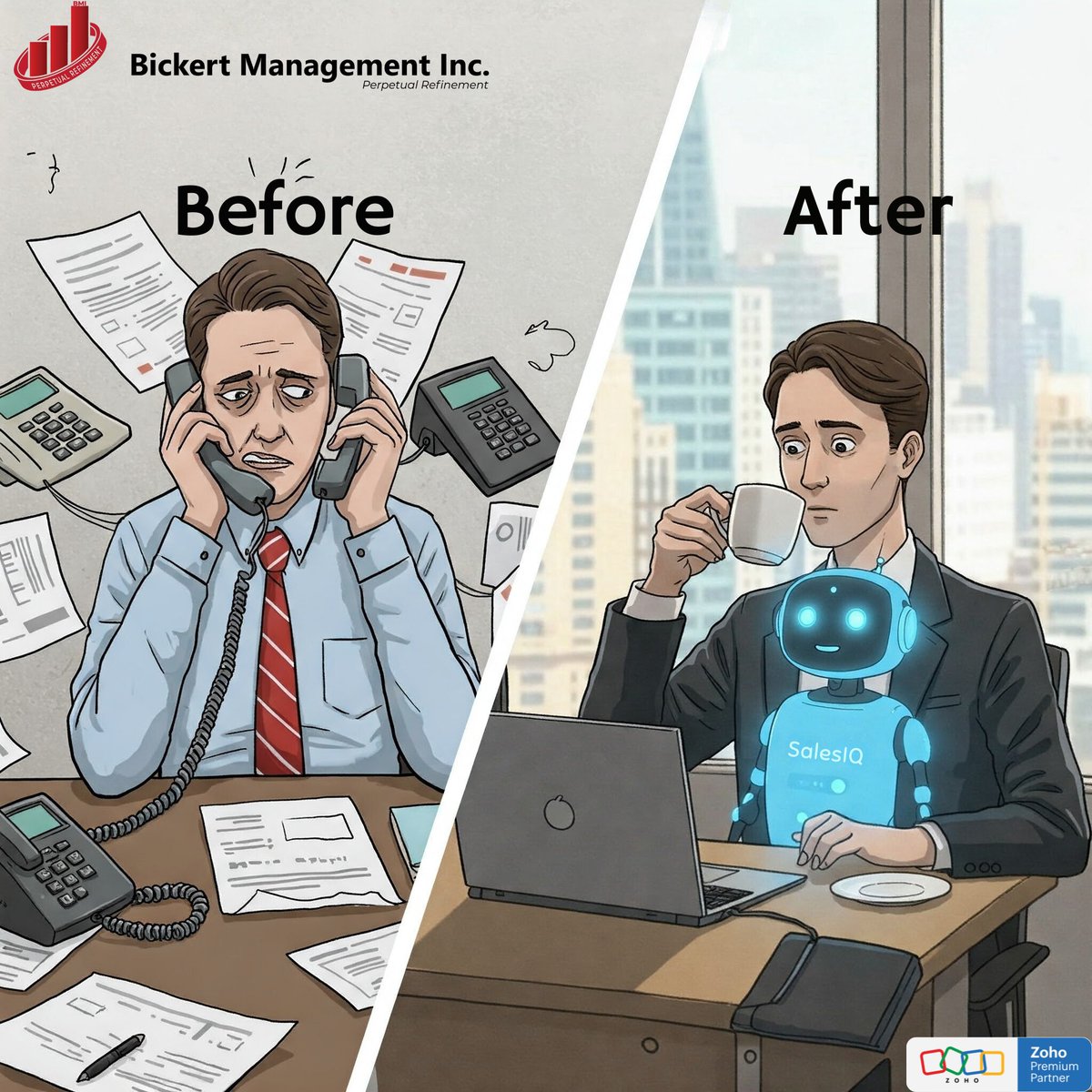 BickertMgmtInc's tweet image. Sales reps after implementing Zoho SalesIQ Bot:
📞 Before – Endless calls &amp;amp; emails 😩
🤖 After – AI chatbot handling queries 24/7! 🎉
Boost your customer engagement now! #ZohoSalesIQ #SmartSupport #ChatbotPower #BMISolutions