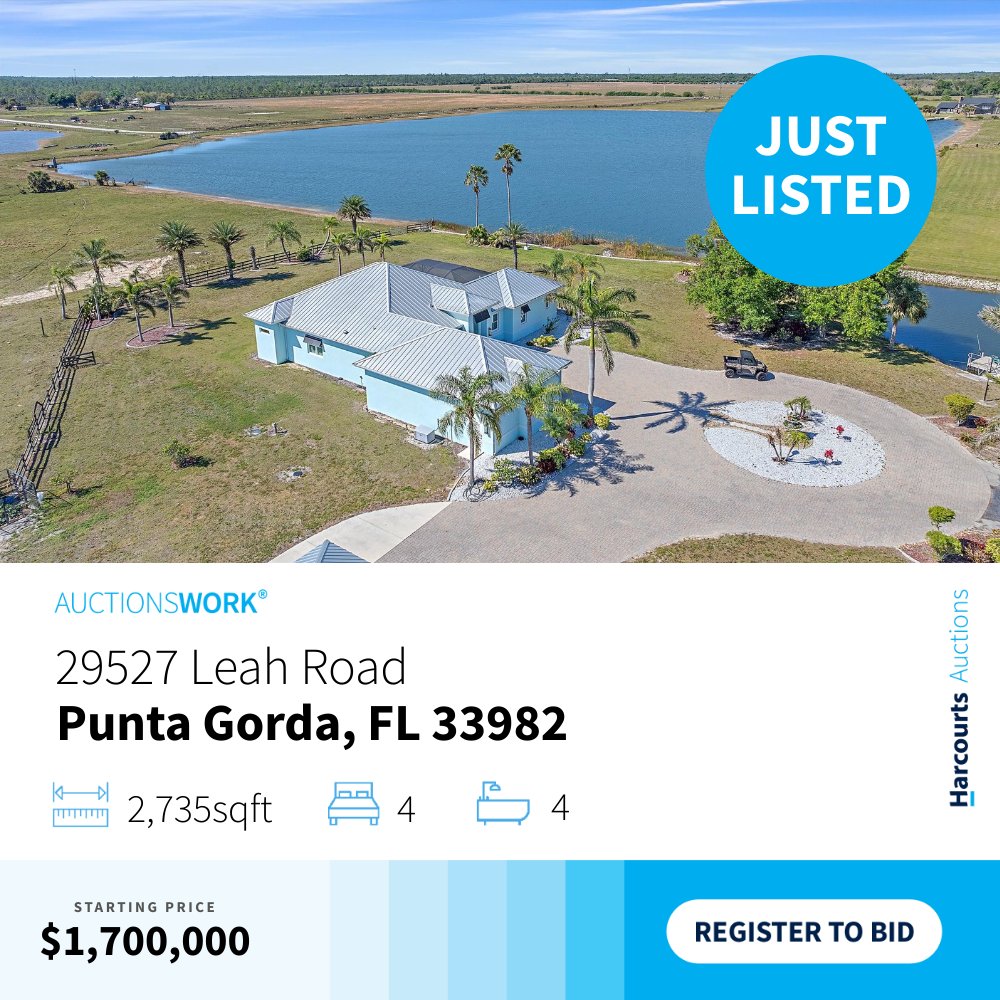 _AuctionsWork's tweet photo. Just Listed! Discover the ultimate blend of modern luxury and serene country living at 29527 Leah Road, Punta Gorda. Reach out to Sandra Osorio for more details. 

#RethinkRealEstate #HarcourtsAuctions #AuctionsWork #ForSale #PropertyAuction #PuntaGordaLiving https://t.co/l7qYXX164i