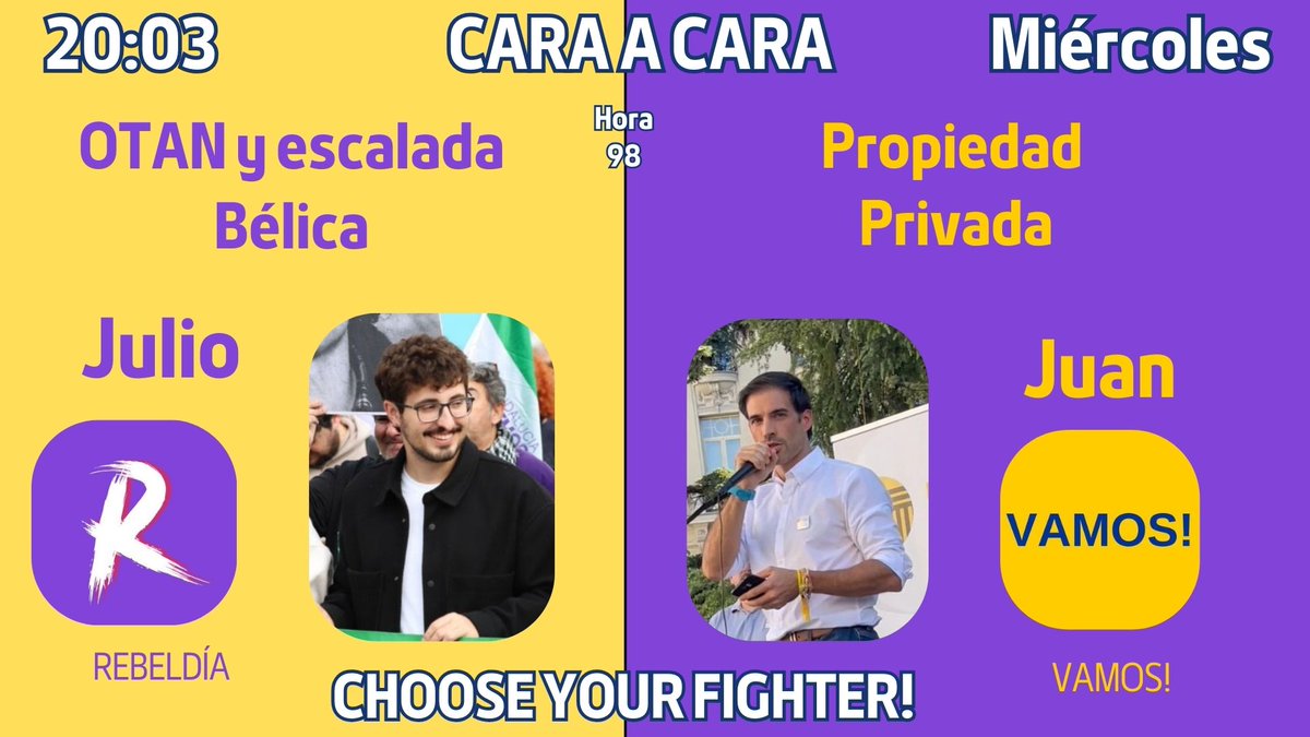 <a href="/rebeldiajoven/">REBELDIA</a> VS <a href="/Vamos_IC/">Vamos! Iniciativa Cívica</a> 

<a href="/TorreJuliodela/">Julio de la Torre |-/ 🔴 🟣 🇵🇸 #BREACH</a> Vs #JuanPueyo

MAÑANA HACIA LAS 20H. Os apuntáis a la batalla? Adelante!

youtube.com/watch?v=PGPkDn…