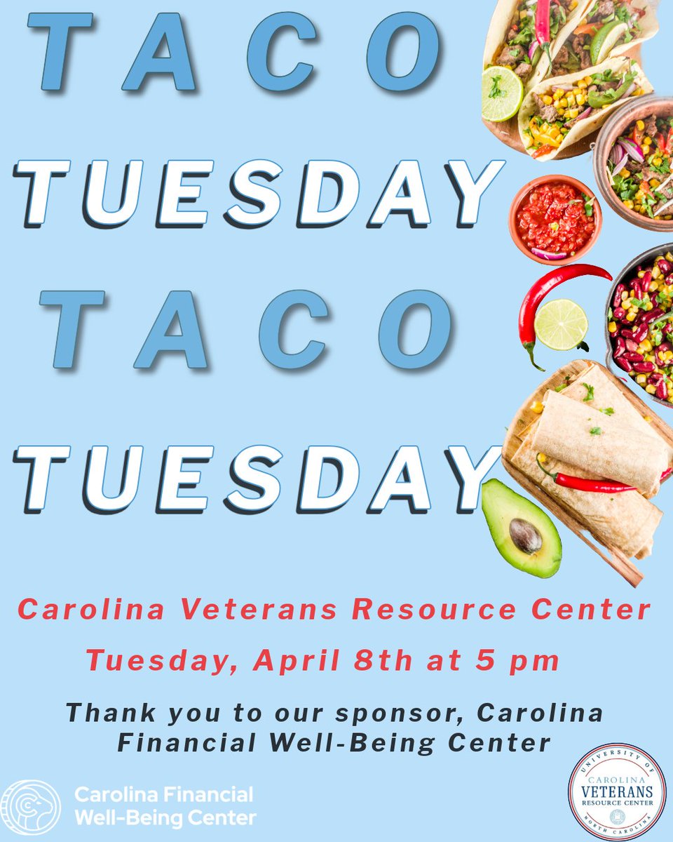 UNC_MVSS's tweet image. Celebrate National Financial Literacy Month with us and the Carolina Financial Well-Being Center! Connect with a peer financial coach and get the info you need. Come for the tacos, stay for the tacos!
#nationalfinancialliteracymonth #tacotuesday #studentvets