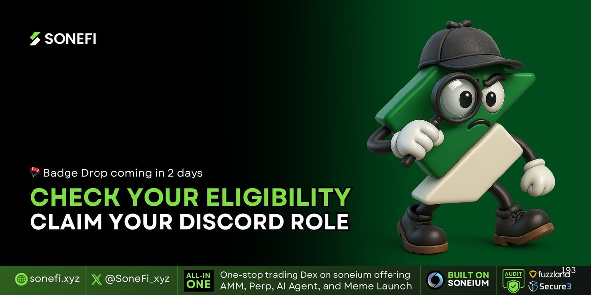 🎉 SoneFi Badge Checker is LIVE!

Check Your Eligibility and claim a special Discord role!

👉 guild.xyz/sonefi

🪂 We’re covering fees + airdropping badges straight to your wallet in 2 Days

Need help? Slide into our Discord, we got you 💬discord.gg/urZ8ksUvFX