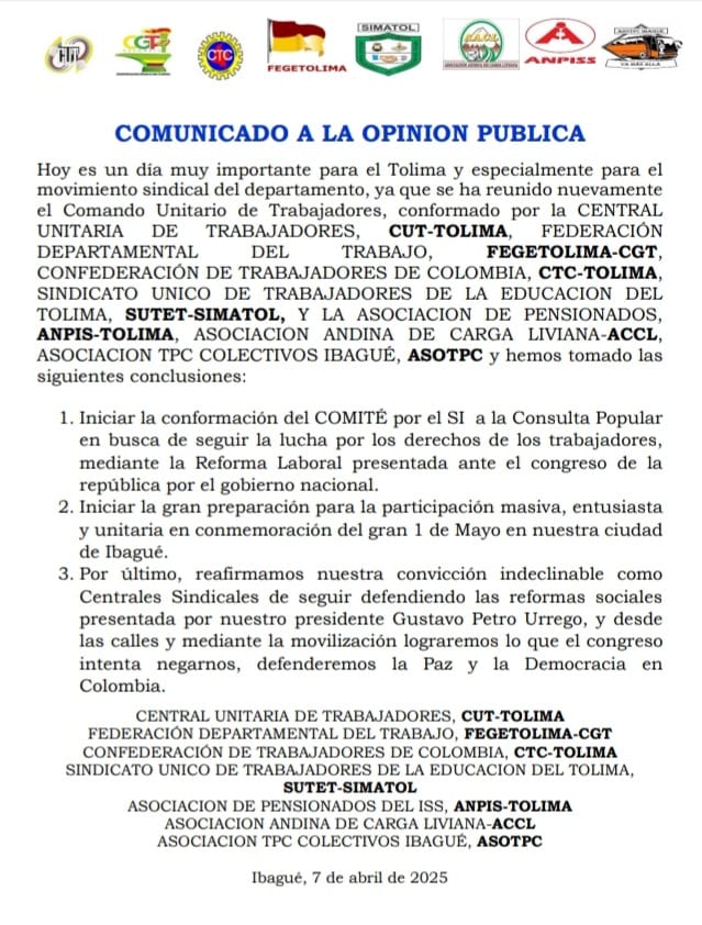 fegetolima's tweet photo. Comunicado a la opinión pública del Comando Unitario de Trabajadores del Tolima https://t.co/J4HqV9Krq5