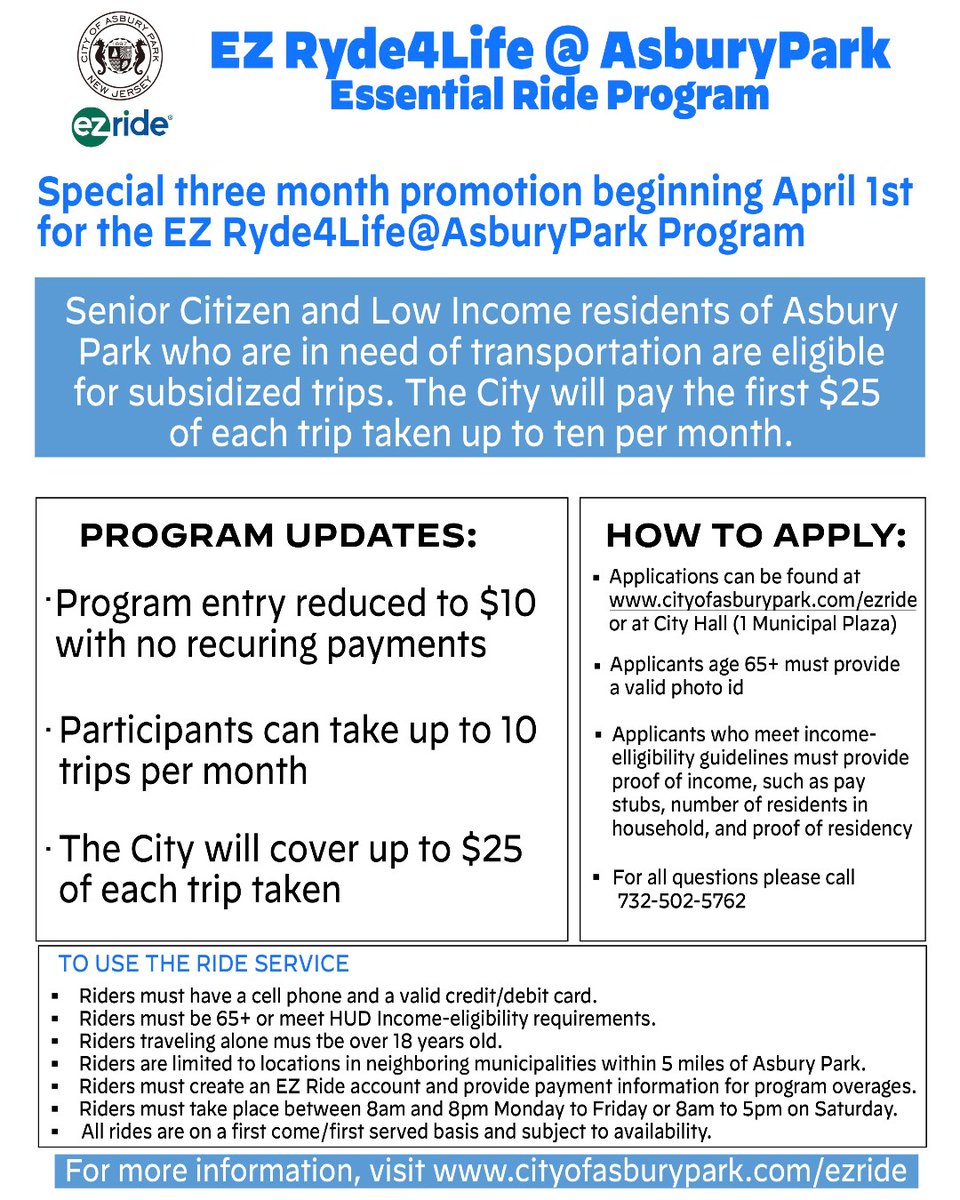 The City of Asbury Park’s is lowering the cost of entry and raising the amount of money provided for each trip in the EZ Ryde4Life @ Asbury Park essential ride program. For more information, and to enroll, visit cityofasburypark.com/ezride or call 732-502-5762.
