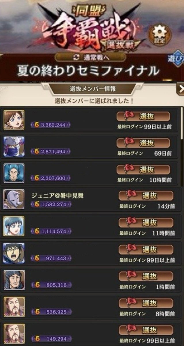 こちら、我らが夏オワ精鋭部隊です！
よぉーーーーっ！！！
#キンラン
#同盟争覇戦
#駆け出しグルでも選抜戦