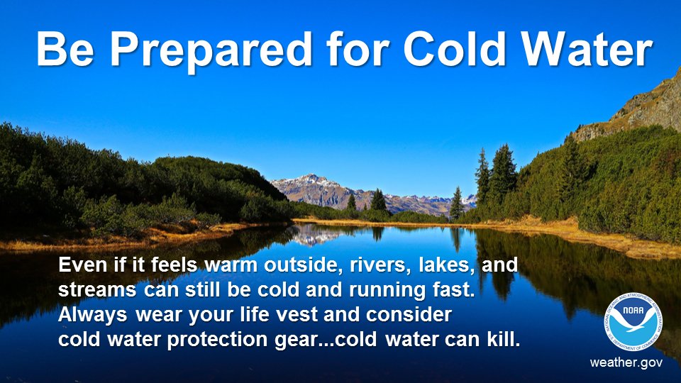 As temperatures warm up this week, keep in mind that area waterways are running very COLD! Wear a life jacket during water activities, never go on the water alone, &amp; keep a close eye on children. #cawx