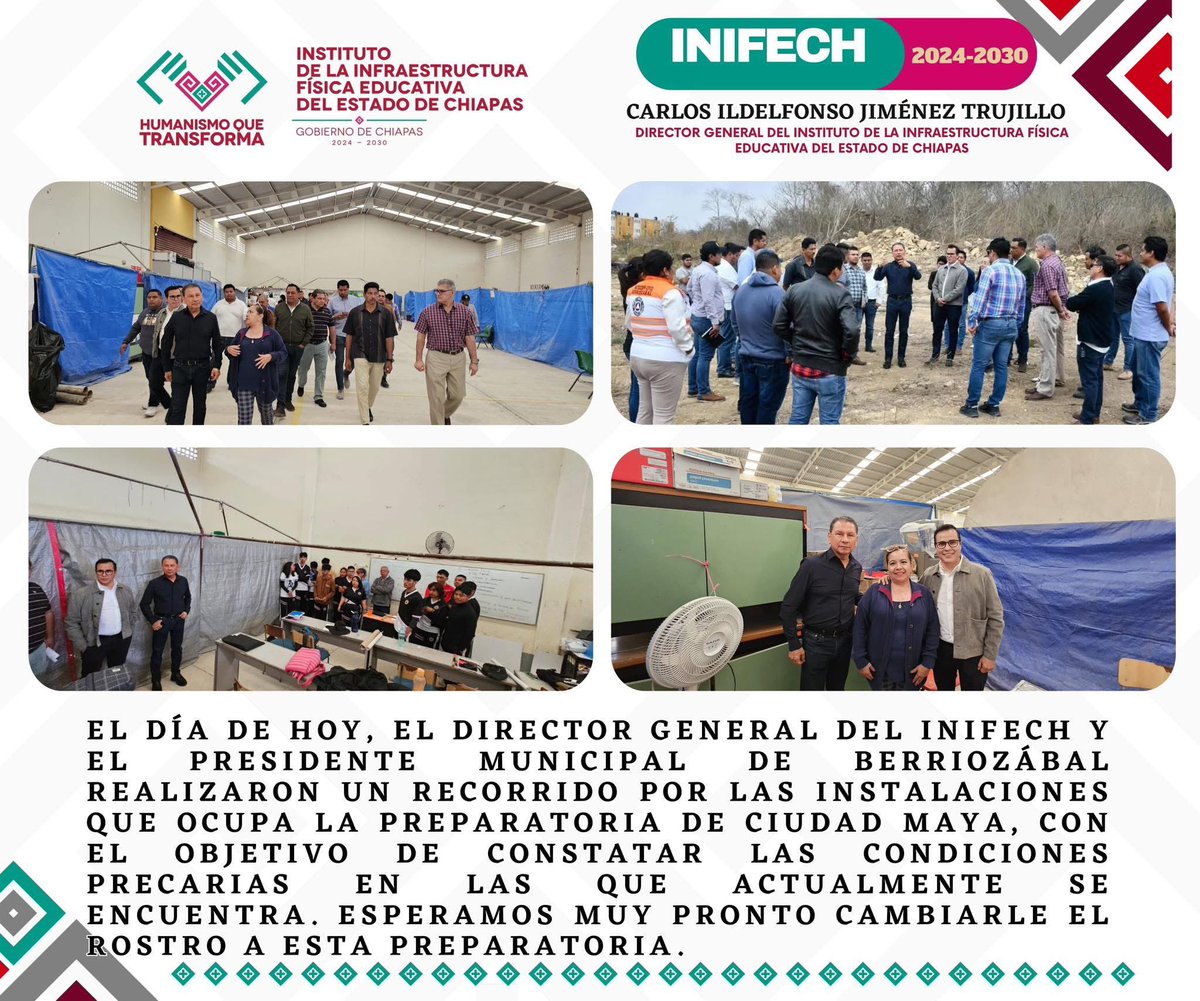 CarlosIldelfon1's tweet photo. Estuvimos con el presidente municipal de #Berriozábal recorriendo la preparatoria de Ciudad Maya, constatamos la precaria situación en la que están y esperamos pronto dar ese cambio de rostro para espacios dignos de la educación en la zona. #HumanismoQueTransforma. https://t.co/qJG5l5bChq