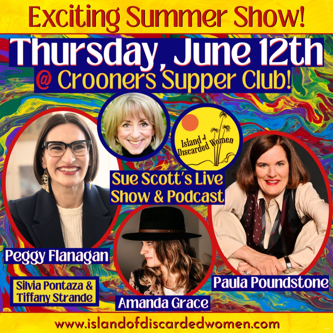 IODWPodcast's tweet image. Celebrating Taking a Stand with these Powerful Women! Rock star Lt. Gov. @peggyflanagan, now running for the Senate! Our buddy, @paulapoundstone, is BACK! Musical guest, Amanda Grace will be there + actor Silvia Pontaza & host Sue Scott!
TICKETS & INFO: islandofdiscardedwomen.com