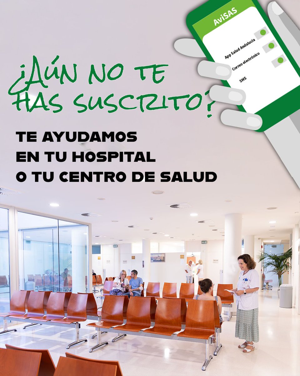 📲 ¿Aún no te has suscrito a AviSAS?
Durante abril, mayo y junio, nuestros centros de salud y hospitales contarán con puntos informativos donde te ayudaremos a darte de alta de forma rápida y segura. 💬

🩺 ¿Qué ventajas tiene?