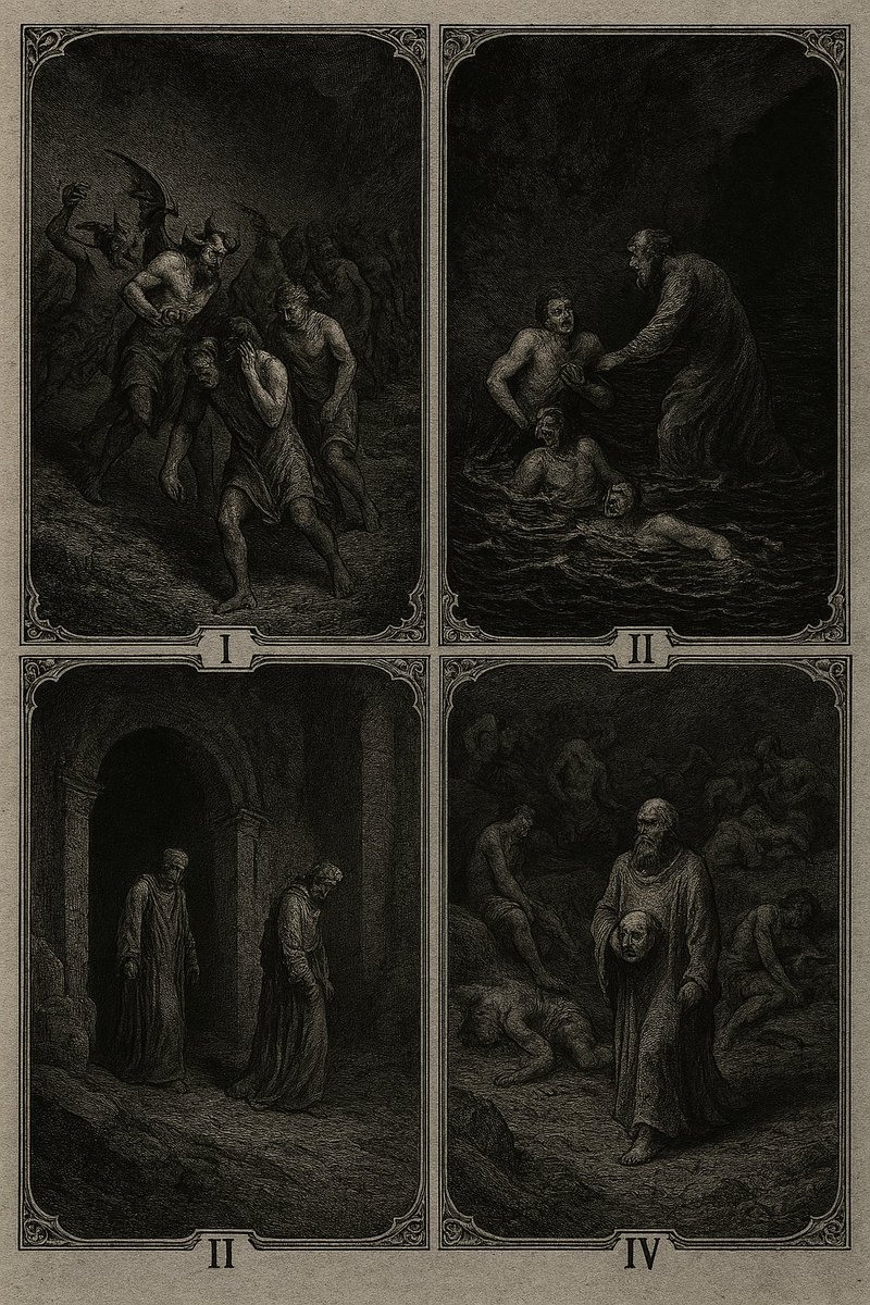 tedwordh's tweet photo. The Eight Circle of Hell in Dante's Inferno:

Panel I:
Whipped by horned demons, naked souls march in endless loops—driven by torment, swallowed by shadow. 

Panel II:
Sinners writhe in boiling pitch, dragged under by hooked demons when they surface. Corruption sinks deep. 

Panel III:
Cloaked in golden robes lined with lead, the damned shuffle beneath broken arches—crushed by false virtue. 

Panel IV:
Amid broken bodies and chaos, a soul carries his own head like a lantern—discord made flesh.