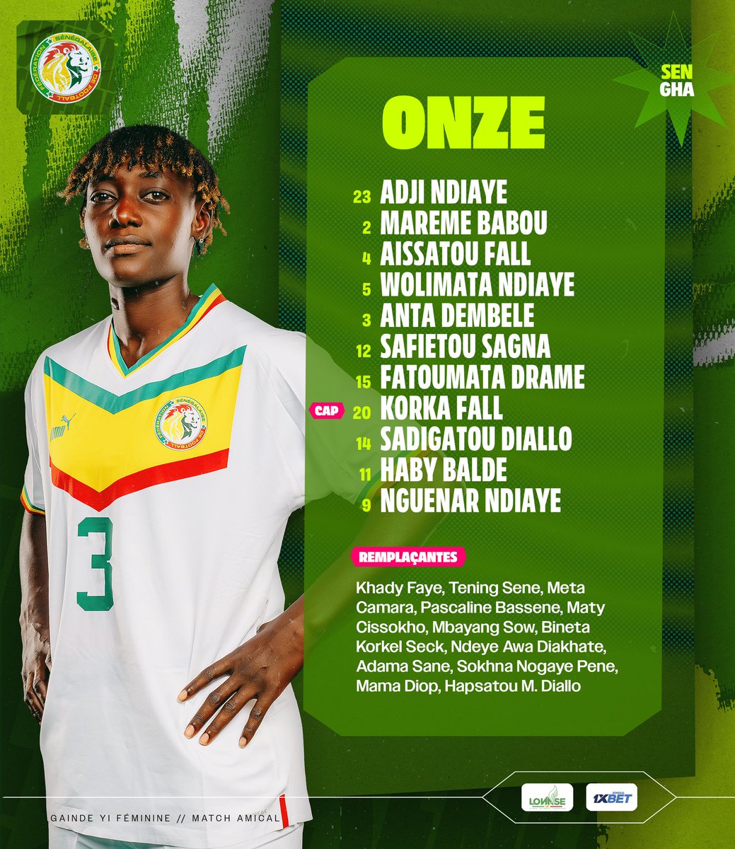 Fsfofficielle's tweet photo. 📋 Notre onze de départ contre le Ghana
⏰ Coup d’envoi : 17h00 GMT
📺 A suivre en direct sur la FSF TV
📲 #SENGHA | #FriendlyGame https://t.co/uljGNkRk8l