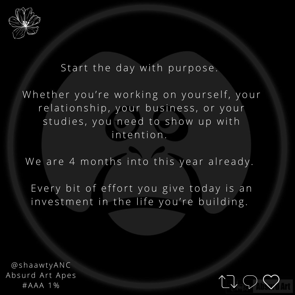 If you want to achieve, you need to start the day with purpose

Whether you’re working on yourself, your relationship, your business, or your studies, you need to show up with intention 🔥

Small consistent efforts add up, so don’t give up, just keep grafting

LFG🦧🚀

#AAA 1%