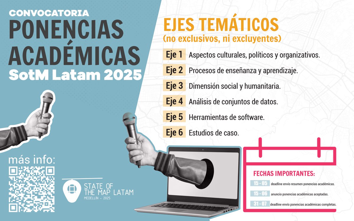 ¡Hola comunidad OSM Latam! 

¿Tienen una charla, taller o ponencia académica sobre OSM, datos abiertos o geo-tecnologías? 
¡Queremos escucharte! 🌎📊

Más info: d.osm.lat/convo-ponencias

¡Súmate y comparte tu conocimiento!  

#SotMLatam2025
#OpenStreetMap
#OSMLatam
#Medellin