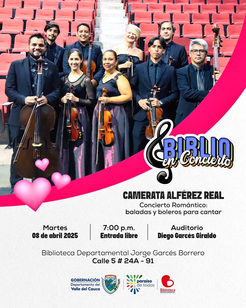 #LaRadioCultural

Martes 8 de abril  7:30 PM
Biblio en Concierto en el auditorio Diego Garcés Giraldo de <a href="/bibliovalle/">Biblioteca Departamental Jorge Garcés Borrero</a> en #Cali

En esta oportunidad La Camerata Romántica Concierto Romántico: Baladas y Boleros para cantar.

Entrada Libre