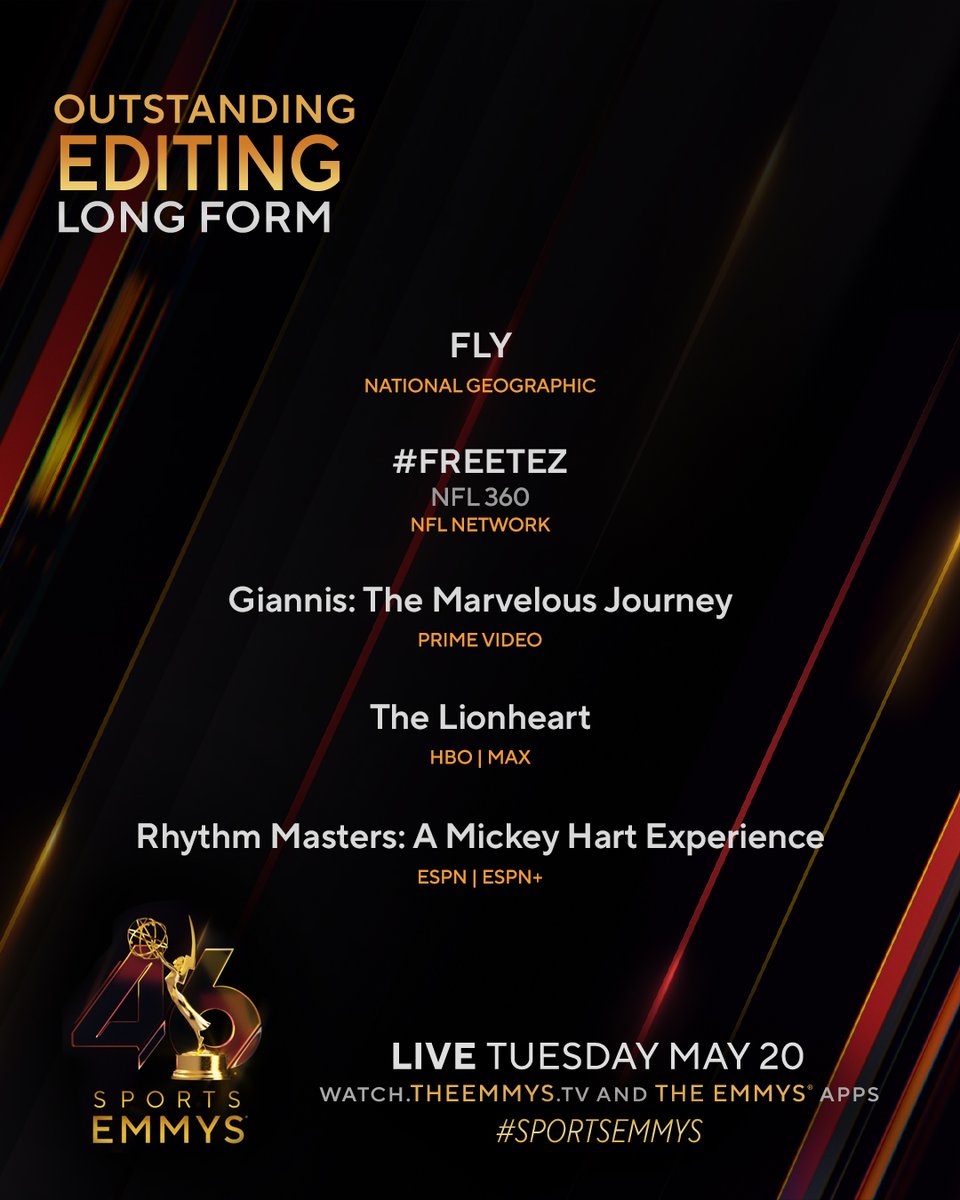 TheEmmys's tweet photo. The #SportsEmmys Nominees for Editing – Long Form are:
- FLY (@NatGeo)
- #FREETEZ | NFL 360 (@nflnetwork)
- Giannis: The Marvelous Journey (@primevideo)
- The Lionheart (@HBO @StreamOnMax)
- Rhythm Masters: A Mickey Hart Experience (@espn @ESPNPlus) https://t.co/oYtY17RaJq