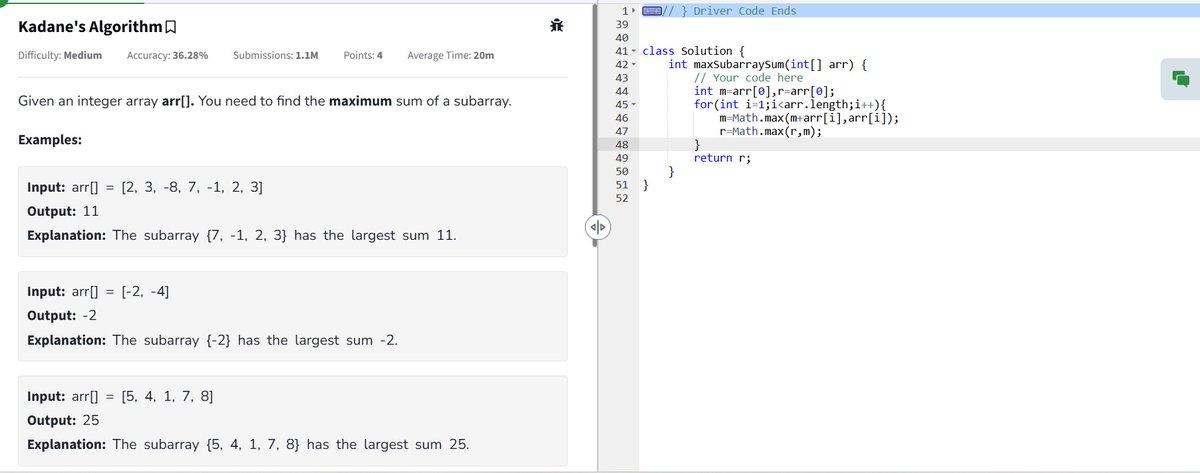 PeramBrahma13's tweet photo. Day 10 of @geeksforgeeks 160
💥 Kadane’s Algorithm – Max Subarray Sum
✔️ Keep track of current &amp; global max sum
✔️ If current sum drops below 0, restart from next element
⏳ TC: O(N), 🛑 SC: O(1)
#Kadane #gfg160 #geeksforgeeks #dsa #codingdaily #geekstreak2025 https://t.co/HaMdEuUAl6