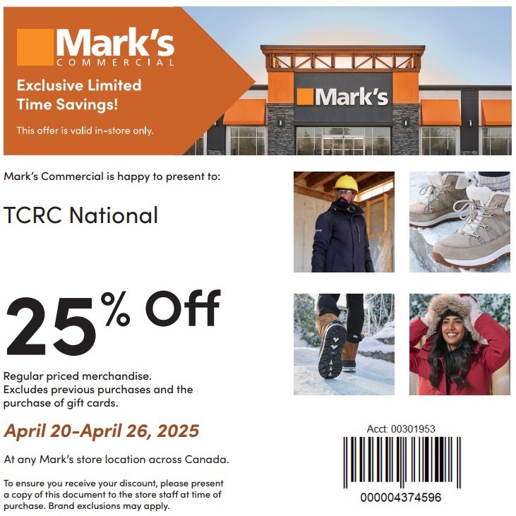 Exclusive Offer for TCRC GCA Members
tcrccalgary.ca/TCRC_West_Appa…
From April 20th to April 26th 2025 Mark's is giving all TCRC GCA members 25% off on regular priced merchandise.