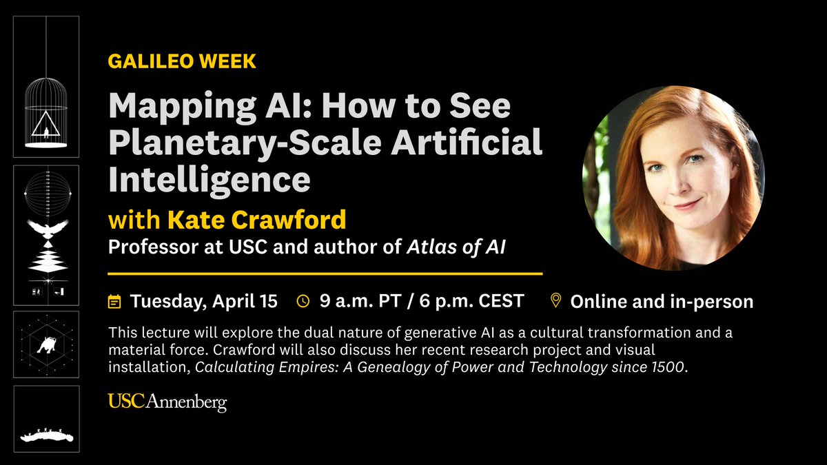 USC Annenberg (@uscannenberg) on Twitter photo USC professor <a href="/katecrawford/">Kate Crawford</a> is giving a keynote lecture for Galileo Week at <a href="/AmAcademyRome/">American Academy in Rome</a>! Tune in at 9 a.m. PT/6 p.m. CEST on Tuesday, April 15 for “Mapping AI: How to see planetary-scale artificial intelligence.” RSVP: annenberg.usc.edu/events/mapping…
#ASCJ USC professor <a href="/katecrawford/">Kate Crawford</a> is giving a keynote lecture for Galileo Week at <a href="/AmAcademyRome/">American Academy in Rome</a>! Tune in at 9 a.m. PT/6 p.m. CEST on Tuesday, April 15 for “Mapping AI: How to see planetary-scale artificial intelligence.” RSVP: annenberg.usc.edu/events/mapping…
#ASCJ