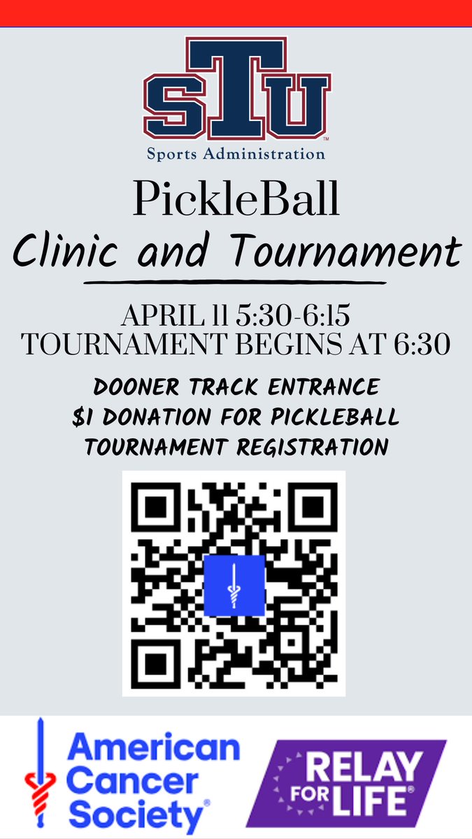 Join us Friday, April 11 at the Dooner Track Entrance for a fun-filled evening of PickleBall.

Free Clinic: 5:30 PM – 6:15 PM  
Tournament: 6:30 PM  
$1 donation for tournament registration (clinic is FREE!)

Donations go to Relay for Life for cancer research and awareness.
