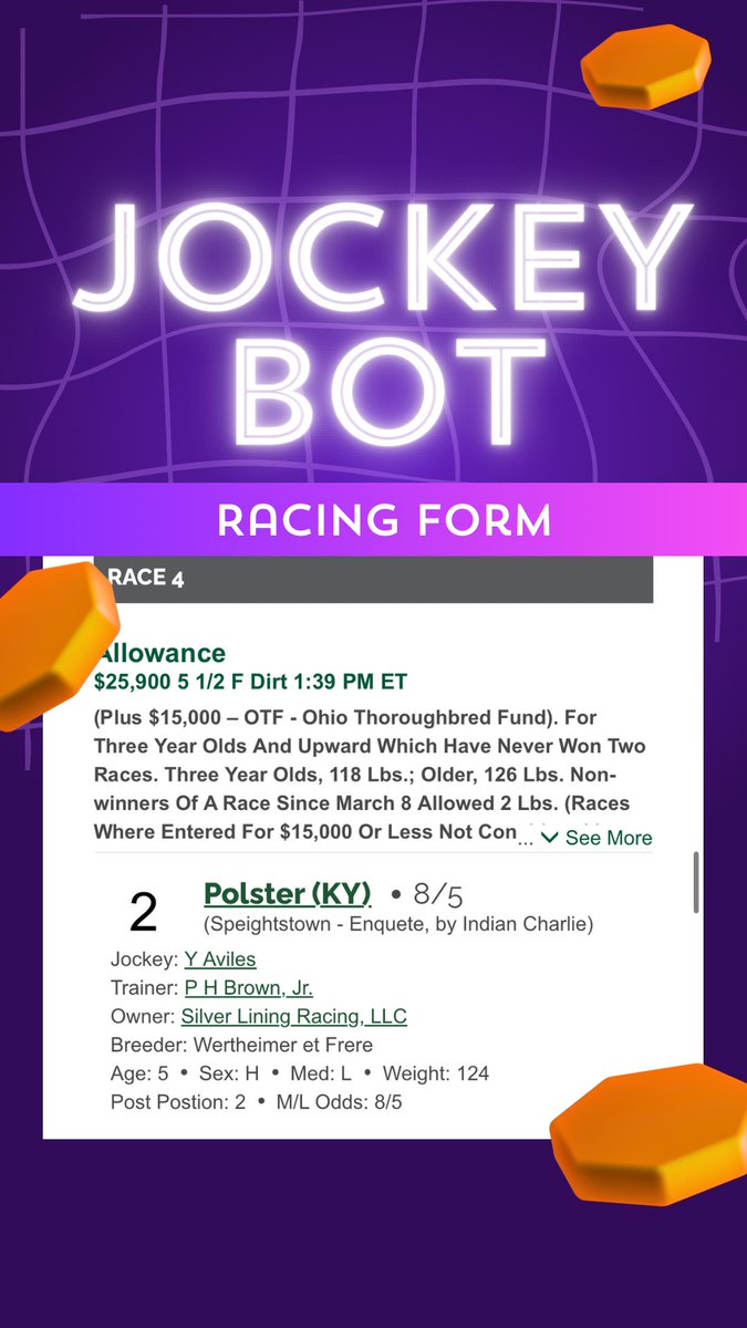 jockeybots's tweet photo. 🏇🏿 Polster is ready to dominate at 1:39 PM ET today! 🏁

After a strong 2nd place finish can Polster, trained by Paul Brown Jr., gallop to victory? Jockey Y. Aviles in the saddle and morning line odds of 8/5, stakes are high for this allowance race! @FanDuel_Racing #HorseRacing https://t.co/sRtxHcxip1