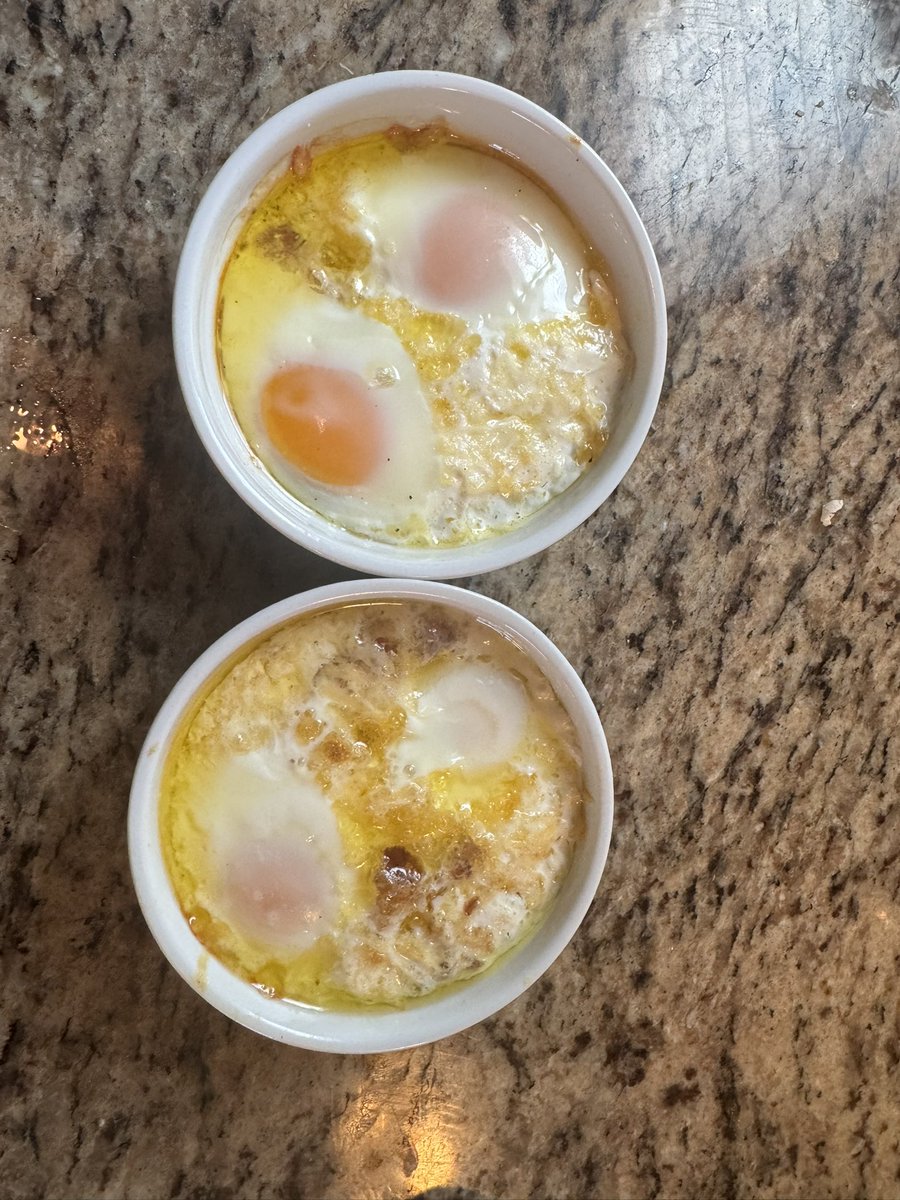 charlesrdyer's tweet photo. Tried @CaryKelly11 Oeufs Cocotte recipe. One Aged Gouda and Bacon and One Gruyère and Ham. Delicious! Thanks for sharing https://t.co/sZj8TY5F0x