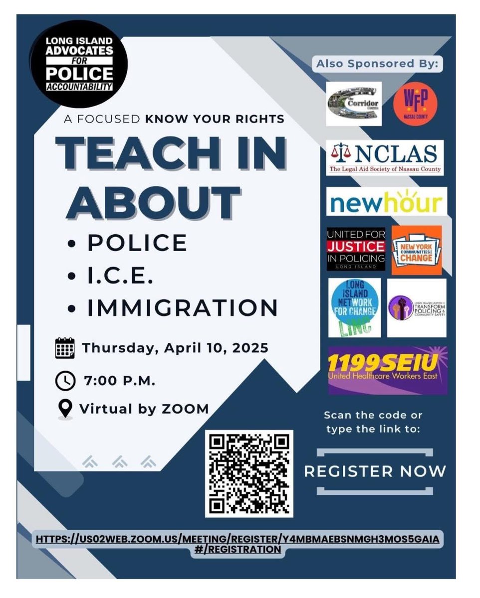 THIS THURSDAY: Our ED <a href="/SerenaFreeHer1/">@serena5.bsky.social</a> will be a speaker at <a href="/Liafpa/">Long Island Advocates For Police Accountability</a> Teach-In on Police, ICE, &amp; Immigration. Join us on zoom at 7pm for an important &amp; informative conversation. We must know our rights &amp; how to keep our communities safe. 

Register here: us02web.zoom.us/meeting/regist…