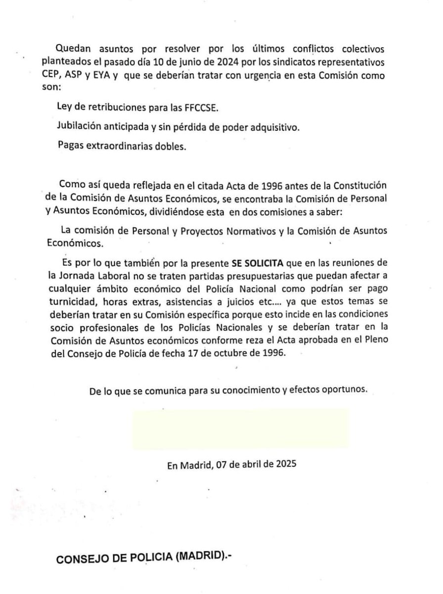 Invocación urgente de la Comisión de Asuntos económicos del #ConsejoDePolicia. 
Los conflictos colectivos presentados por CEP, ASP y EYA no han sido resueltos 

1.  #JubilaciónDigna 
2. 14 pagas iguales (pagas extras)
3.  Ley de retribuciones #FFCCSE

Cualquier partida