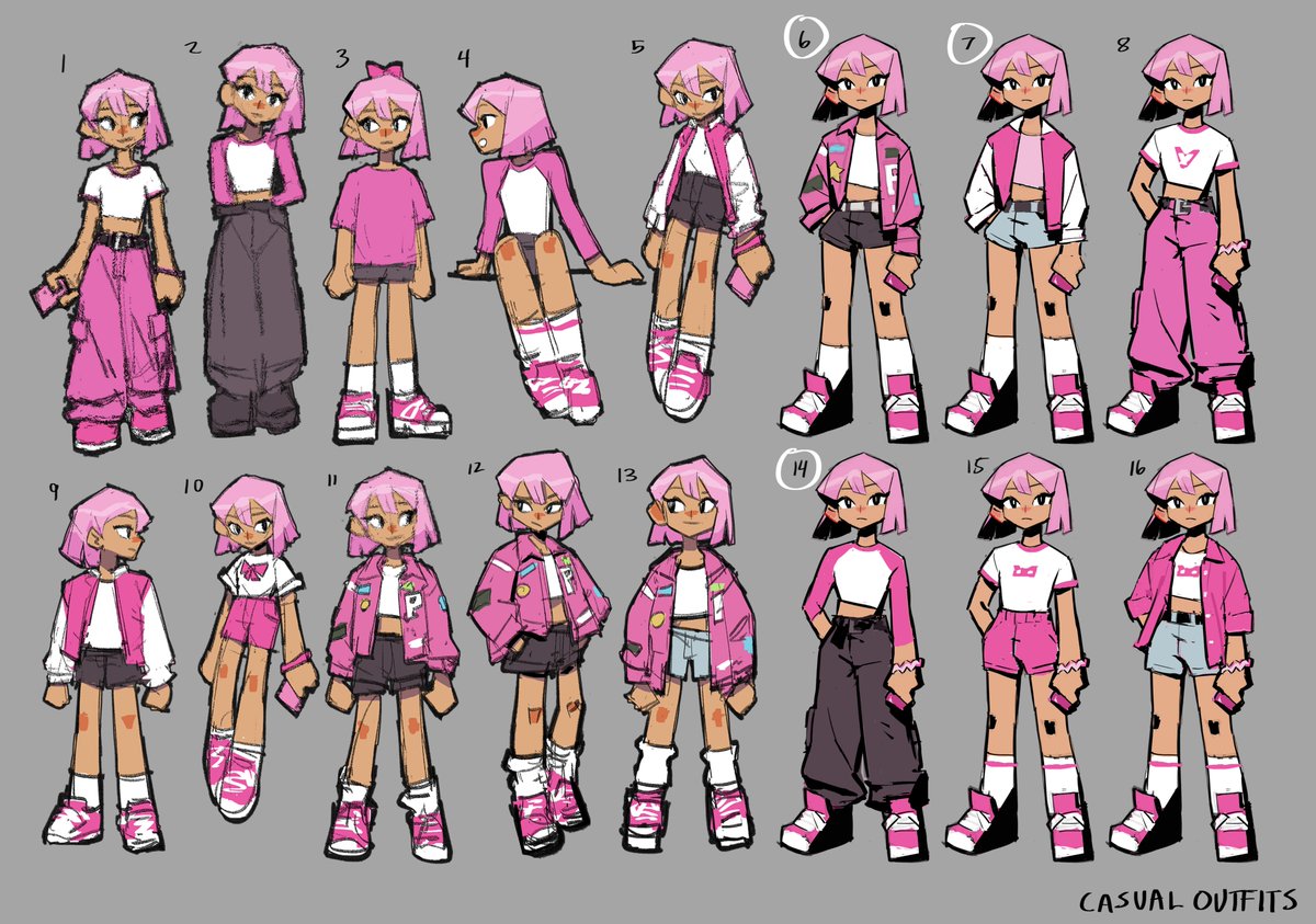 When not fighting evil, or working a 9-to-5, Pink's got to have options for going out! Here's some more concept art of different casual outfits we drafted up for Pink! 🎇👚 Got a favorite?

🚨 3 days left to fund Part-Time Hero!!
✨// kickstarter.futureclub.dev