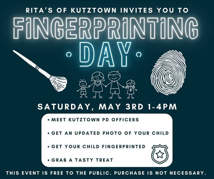 KutztownPD's tweet photo. 🚨 FREE EVENT ALERT 🚨

We’re teaming up with @RitasKutztown for our 1st ever Fingerprinting Day! 👣🍧

✅ Sweet treats
✅ Kid Cards 
✅ Zero arrests (unless you steal someone’s ice)
Bring the fam, meet the squad, eat some ice.
📍Rita’s of Kutztown
🕒 5/4/25 1-4pm
#KutztownPD https://t.co/KsKqwnjRhG