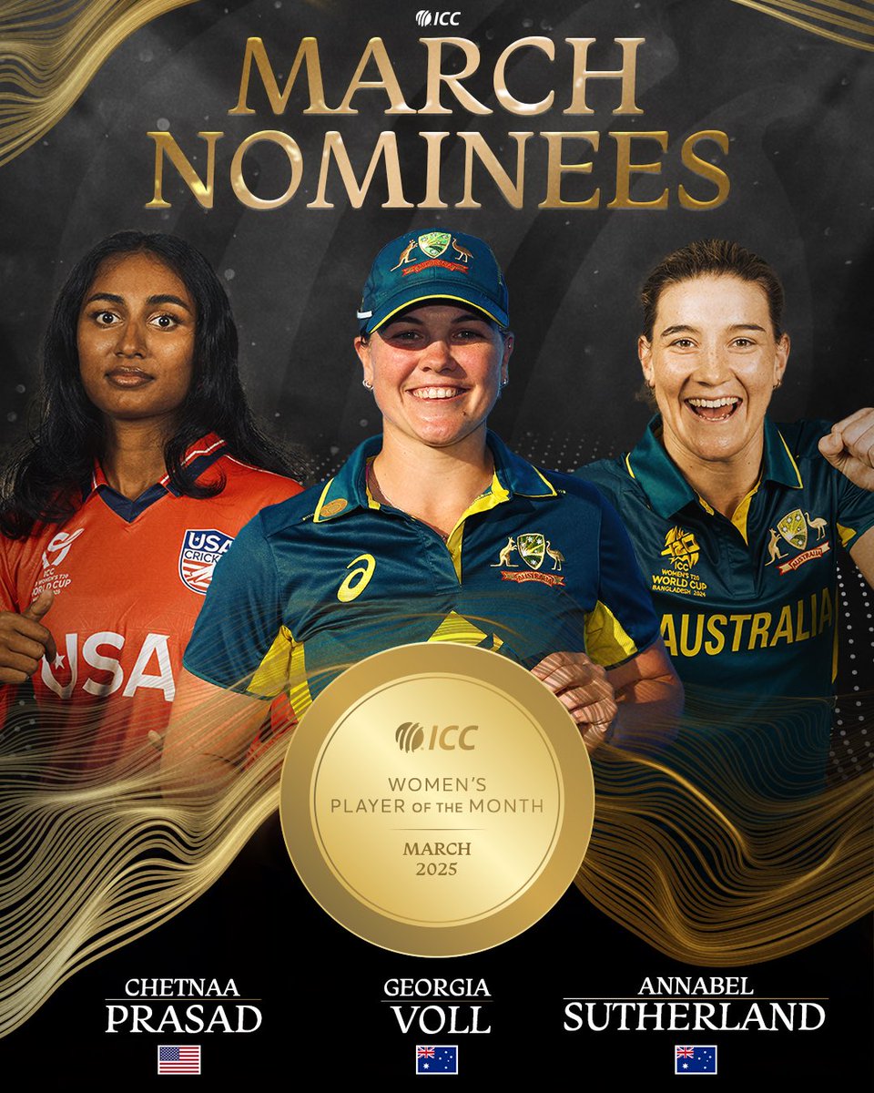 ICC's tweet photo. A youngster on the rise and 2️⃣ Australians who put forward their best in the #NZvAUS T20Is 👌

ICC Women's Player of the Month nominees for March 2025 ➡️ https://t.co/hGtZenf22F https://t.co/djdKaLSUwj