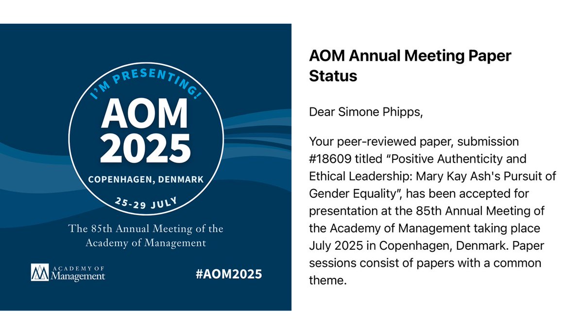 Simone T. A. Phipps, PhD (@drsimonephipps) on Twitter photo Looking forward to presenting my paper with <a href="/stott_n/">Neil Stott</a> @ the 2025 <a href="/AOMConnect/">Academy of Management</a> conference in Denmark. Always happy to reconnect with colleagues & friends, meet new ones, and share ideas.
#leadership #ethics #authenticity #GenderEquality #sustainability #SocialInnovation Looking forward to presenting my paper with <a href="/stott_n/">Neil Stott</a> @ the 2025 <a href="/AOMConnect/">Academy of Management</a> conference in Denmark. Always happy to reconnect with colleagues & friends, meet new ones, and share ideas.
#leadership #ethics #authenticity #GenderEquality #sustainability #SocialInnovation