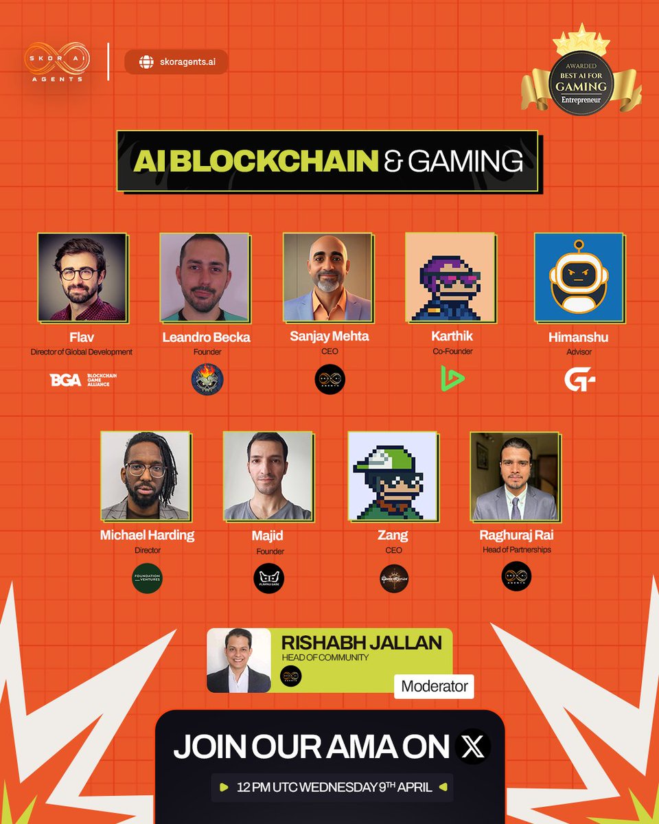theskorai's tweet photo. 🚀 AI x Blockchain x Gaming – Must-Join AMA! 🎮🤖🔗
We're hosting an AMA with Blockchain Game Alliance (BGA) to explore how AI is redefining game development, on-chain economies, and player engagement. From decentralized gameplay to AI-driven NPCs, this is where Web3 gaming meets intelligent infrastructure.

📅 Date: April 9th
⏰ Time: 12 PM UTC
📍 Join live on X: https://t.co/VvtdGTaqJE

🎁 $50 GIVEAWAY ALERT!
We’re giving away $10 each to 5 users whose questions get selected!

💡 How to participate?
Drop your questions NOW for a chance to win. 👇

⚠️ Important: You must be in the space live to be eligible for the giveaway!

🎙️ Featured Speakers:
🔹 Flav – Director of Global Development at Blockchain Game Alliance (@BGameAlliance)
🔹 Leandro Becka (@LeanBecka) – Founder of Olderfall (@Olderfall)
🔹 Sanjay Mehta (@smehta33) – CEO of SKOR (@theskorai)
🔹 Karthik (@honeycompressor) – Co-Founder at DAG
🔹 Michael Harding – Director at Foundation Ventures (@FoundationVent)
🔹 Majid (@majidpax) – Founder of Playpax (@PlayPaxGames)
🔹 Zang (@zangimmortal) – CEO of Under Realm
🔹 Himanshu – Advisor at Game Terminal (@gameterminal_)
🔹 Raghuraj Rai (@RaghuRajRaiHQ) – Head of Partnerships at SKOR (@theskorai)

🎤 Moderator:
🔹 Rishabh Jallan – Head of Community at SKOR

#AI #Blockchain #Gaming