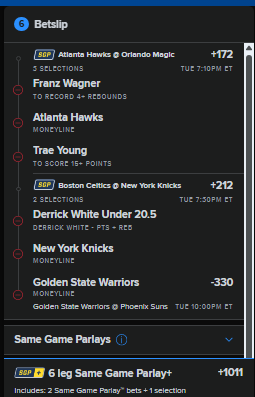 Athleticality's tweet photo. 🎯 SGP 
• Franz Wagner 4+ REB: Consistent rebounder 
• Hawks ML: Underestimated but on a roll!
• Derrick White Under 20.5: Smart defender, low scoring nights expected!
• Knicks ML: Upset vibe – strong momentum on the road!
🏹 Warriors ML (-330)
🔥 6-Leg Parlay+ (+1011) https://t.co/iynKzkL2iP