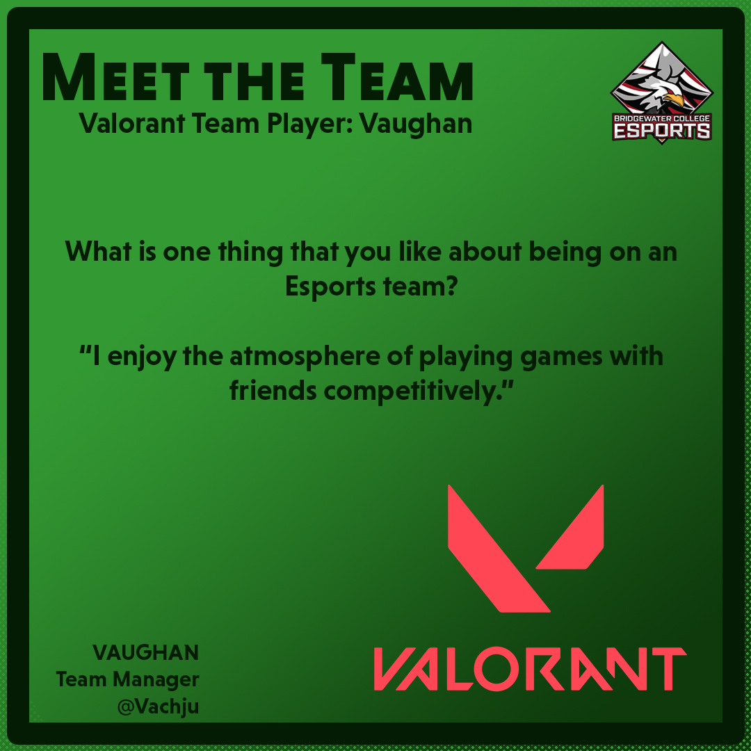 It's Team Tuesday!
Vaughan, "Vachju", is one of our Valorant players. He is a Freshman Digital Media Arts Major here at Bridgewater College.
#teamtuesday #team #teamplayer #digitalmedia #digitalmediaarts #esports #bridgewatercollege #valorant