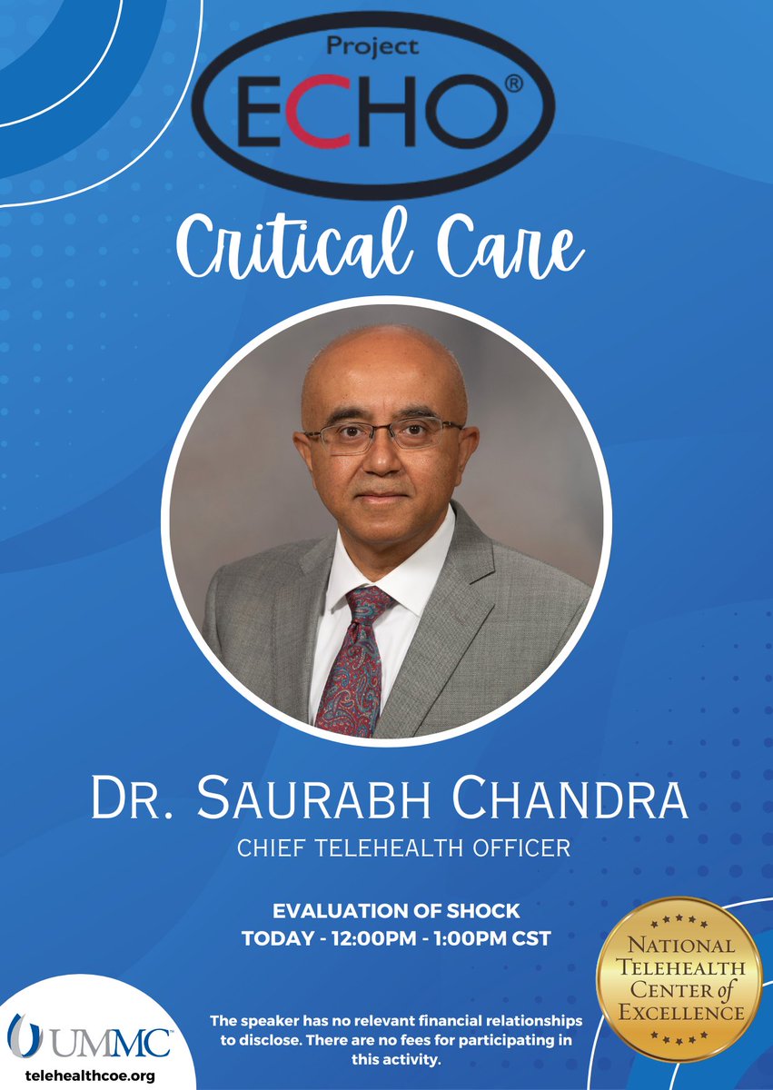 🚨 Kicking off our first Critical Care Project ECHO today at 12 PM CT!

Dr. Saurabh Chandra will present: “Evaluation of Shock” 💡🩺

Join us: iecho.org/public/program…

Let’s build knowledge, improve outcomes, and support rural care . 🌎💙
#CriticalCare #ProjectECHO #RuralHealth