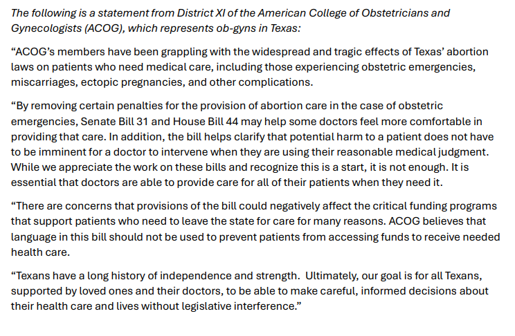 taygoldenstein's tweet photo. Just in: Texas' chapter of the American College of Obstetrics and Gynecologists (@ACOGDXI) WON'T support #SB31/#HB44, which aim to clarify abortion ban's emergency exception.
Bills "may help" doctors, but the group says it's "not enough" + worries about effect on abortion funds. https://t.co/vLBuChWAJE