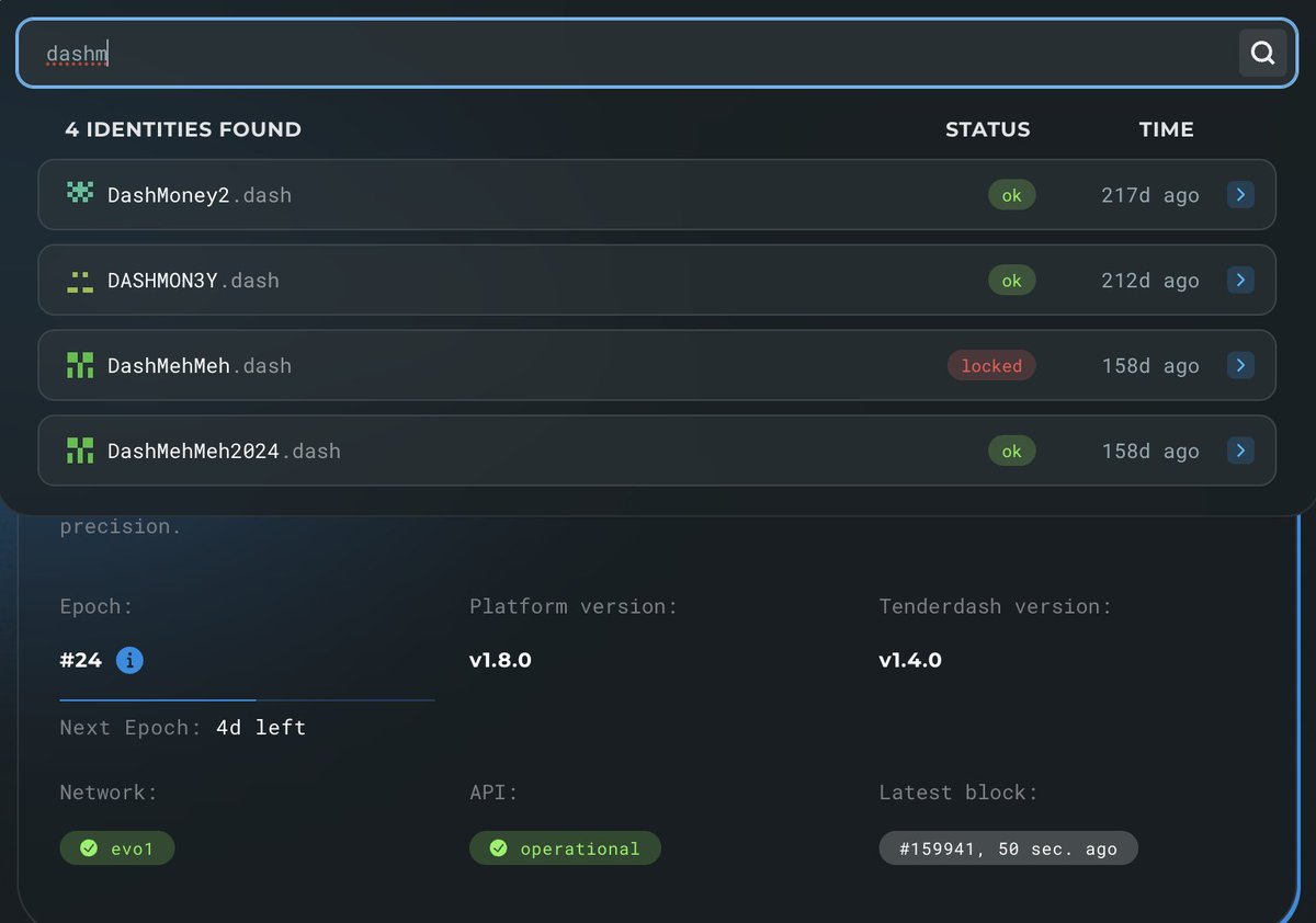 AlexeyTripleA's tweet image. Hell yeah! The new transaction filtering interface is now live on mainnet! Along with the global search, it makes exploring the Dash Platform smoother than ever. 🚀

Check it out 👉 platform-explorer.com

#DASH #DashPlatform #PlatformExplorer #Blockchain