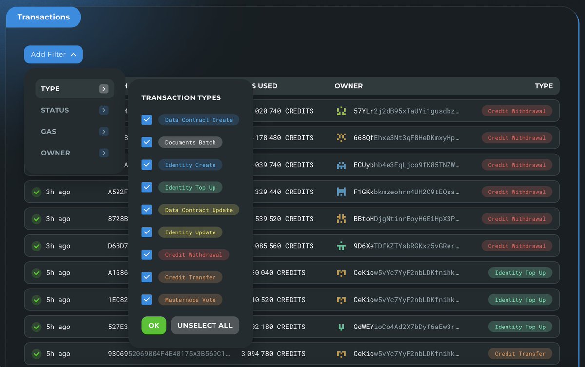 AlexeyTripleA's tweet image. Hell yeah! The new transaction filtering interface is now live on mainnet! Along with the global search, it makes exploring the Dash Platform smoother than ever. 🚀

Check it out 👉 platform-explorer.com

#DASH #DashPlatform #PlatformExplorer #Blockchain