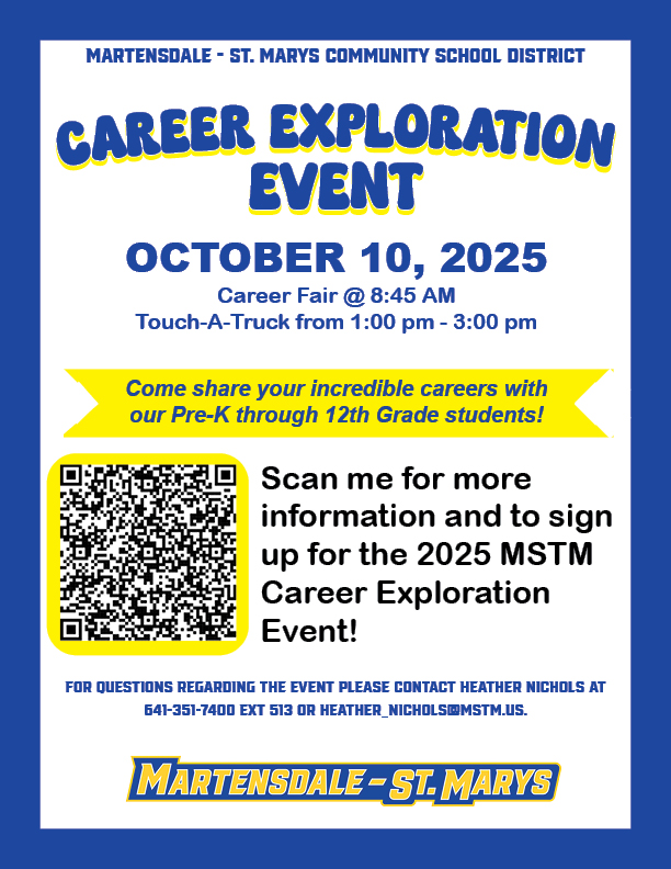 MSTMSupt's tweet photo. 𝙈𝘼𝙍𝙆 𝙔𝙊𝙐𝙍 𝘾𝘼𝙇𝙀𝙉𝘿𝘼𝙍𝙎 📅
 
Excited to announce 2025 Career Exploration Event!

📅 Oct 10, 8:45 AM | Touch-A-Truck 1–3 PM
📚 Share your career with PreK–12th graders!
📲 Scan to sign up or contact heather_nichols@mstm.us

#GoBlueDevils https://t.co/x3vjvpqqE6