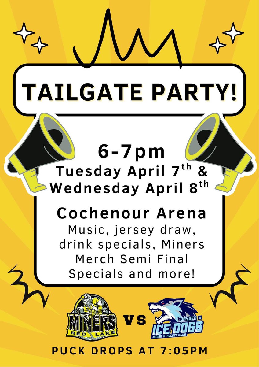 TAILGATE PARTY | Don’t miss out on today’s Tailgate Party happening from 6-7pm at Cochenour Arena. 

See you there! Don’t miss out on music, drinks, jersey draw &amp; Miners Merch specials! 

#MinerFamily | #TheHardWay 🟡⚒️⚫️