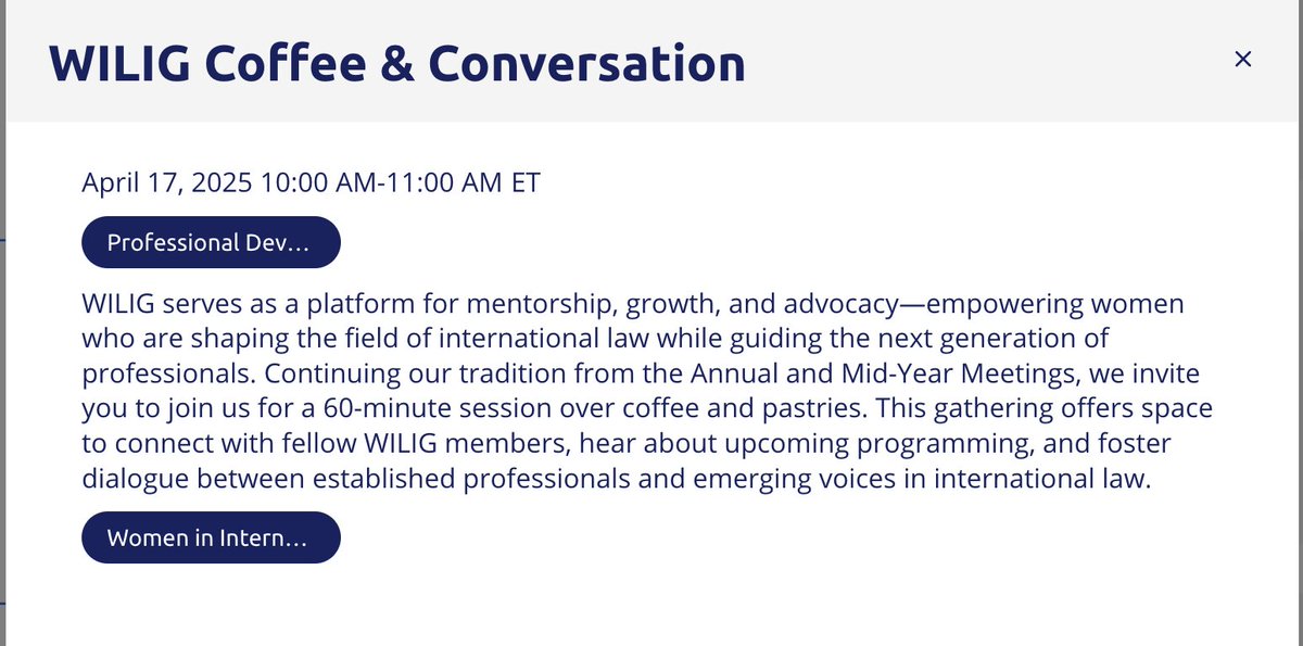 The tradition continues at the <a href="/asilorg/">ASIL</a>  2025 Annual Meeting with WILIG’s Coffee and Conversations. I'm incredibly grateful to everyone who continues to support this gathering and helps make it such a safe, welcoming, and camaraderie-filled space.

If you're a woman and/or an
