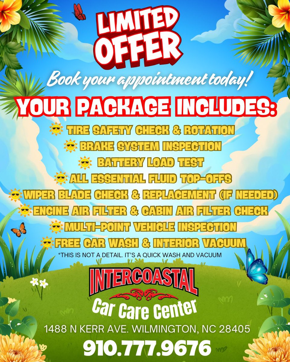 ITR_TOWING's tweet photo. Only $99.99 ($200+ value!)
Package Includes:
•Tire Safety Check &amp; Rotation
•Brake System Inspection
•Battery Load Test
•All Essential Fluid Top-Offs
•Wiper Blade Check &amp; Replacement (if needed)
•Engine Air Filter &amp; Cabin Air Filter Check
•FREE Car Wash &amp; Interior Vacuum https://t.co/LIYiByQj0f