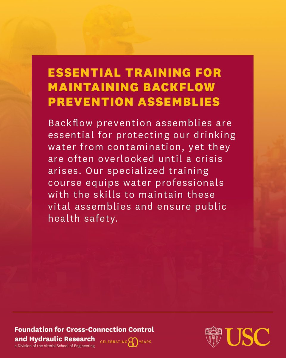 USCFCCCHR's tweet photo. 📅 Remaining 2025 USC Backflow Tester Course Dates 
We’ve had a great start to the year—here are the remaining opportunities in 2025 for the USC Course for the Training of Backflow Prevention Assembly Testers. 

Spots may be limited, so don’t wait to register! https://t.co/3RuLZ9XZWJ